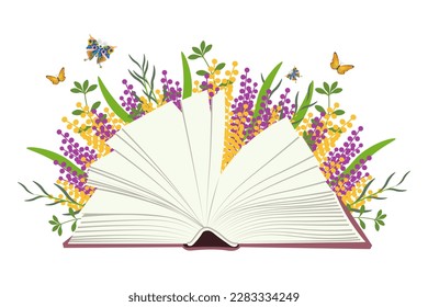 An open book with blank pages on a white background with wildflowers and butterflies. Illustration, poster, banner, vector