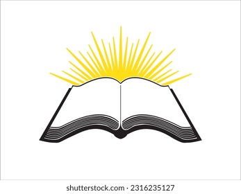 Open book with blank pages and rays of light behind. Open bible with sun rays beaming behind. Knowledge is key. Read a book icon. Bible study logo