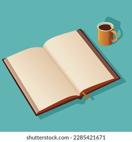 Open Book With Blank Pages, Tea Mug Element On Turquoise Background.