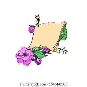 Un libro abierto con sábanas en blanco, junto a flores rosas y hojas verdes y bayas azules, un pájaro canta en una rama. Marco para la invitación. Ilustración de un libro infantil, dibujo de caricaturas. Vector.