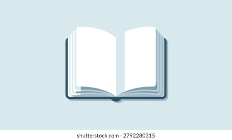 Open book with blank white pages lies flat on a light blue background, representing a fresh start or new information in a simple graphic.