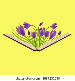 An open book with blooming crocuses. Composition with the first spring flowers for a postcard, poster or for use as a design element
