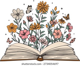 Open Book with Blooming Flowers Reading Vector Illustration