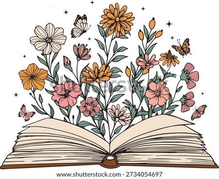 Open Book with Blooming Flowers Reading Vector Illustration