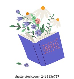 Open book with blooming wild flower sand leaves 2D cartoon objects. Power of reader imagination isolated line vector elements white background