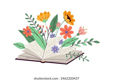 Libro abierto con flores silvestres florecientes de arena hojas de dibujos animados 2D objetos. Poder de la imaginación del lector línea aislada Elementos de Vector fondo blanco