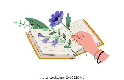 Open book with blooming wild flower sand leaves 2D cartoon objects. Power of reader imagination isolated line vector elements white background