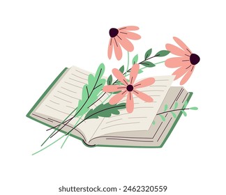 Libro abierto con flores silvestres florecientes de arena hojas de dibujos animados 2D objetos. Poder de la imaginación del lector línea aislada Elementos de Vector fondo blanco