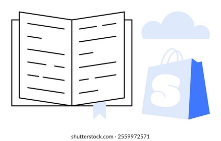 Open book with a blue bookmark beside a blue shopping bag marked with S and a blue cloud in the background. Ideal for e-commerce, learning, education, online shopping, and cloud storage themes