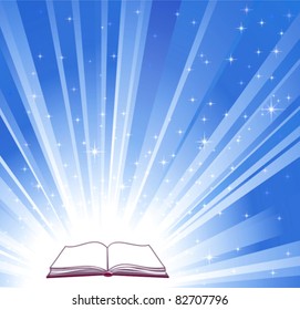 Open book and blue bright background, vector illustration