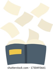 Open book. Blue cover. Cartoon flat illustration isolated on white. Flying paper pages. Education and reading. Hobbies and training