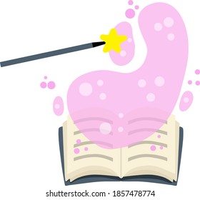 Offenes Buch. Blaue Abdeckung. Flacher Cartoon. Magie des Lesens und der Fantasie.