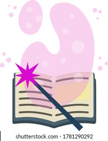 Open book. Blue cover. Magic of Reading and imagination. Magical narratives and fairy tales. Witchcraft, wand and children illustration. Flat cartoon