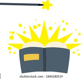 Open book. Blue cover. Magic of Reading and imagination. Magical narratives and fairy tales. Witchcraft, wand and children illustration. Flat cartoon