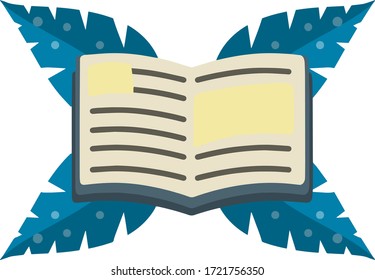 Open book. Blue cover. Reading and education. Icon for storytelling and education. Green leaves of the plant. Hobby icon. Cartoon flat illustration isolated on white