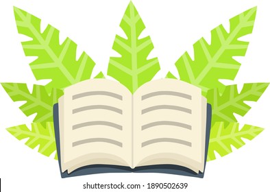 Open book. Blue cover. Reading and education. Icon for storytelling and education. Green leaves of the plant. Hobby icon. Cartoon flat illustration isolated on white