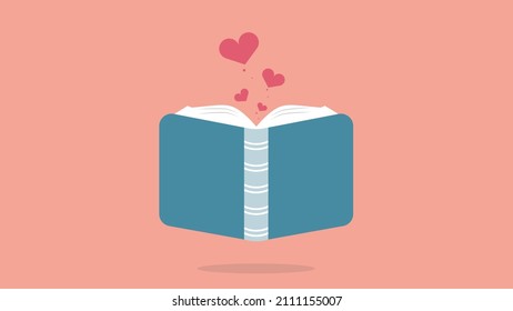Open book with blue cover and red hearts flying out.concept of love and valentine day with hot heart shape over the book, paper art 3d from digital craft.paper hearts on open book Valentines day card