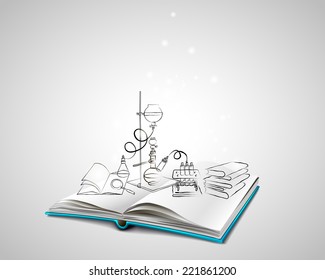 Open book with a blue cover. Science icons doodles Chemical Laboratory. Education, research, experiments. 