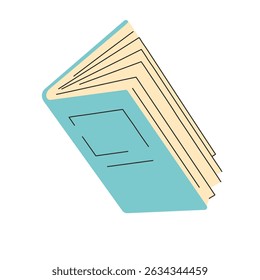 Abrir livro com capa azul, vista lateral de um ângulo. Você pode ver as páginas em movimento. Ilustração vetorial em estilo minimalista sobre fundo branco.