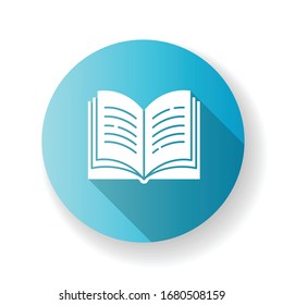 Icono de glifo de sombra larga de diseño azul de libro abierto. Página Diccionario. Portátil y libro de texto. Diario del estudiante. Autoeducación. Símbolo de biblioteca. Lean la tarea del profesor. Ilustración de color RGB de silueta