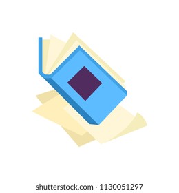 Open book with blue hardcover on paper pages or documents isolated on white background - literary symbol of education, science and reading leisure in flat vector illustration.