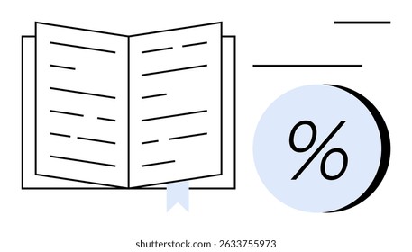 Open book with blue ribbon bookmark and percentage symbol inside a light blue circle. Ideal for education, finance, analytics, statistics, book reviews, discounts, data interpretation. Line metaphor