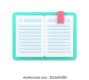 Open book with bookmark 3d icon. Textbook with green cover and red folded ribbon. Blue lines abstract scientific text on white pages. Notebook with notes of lectures. Realistic isolated vector