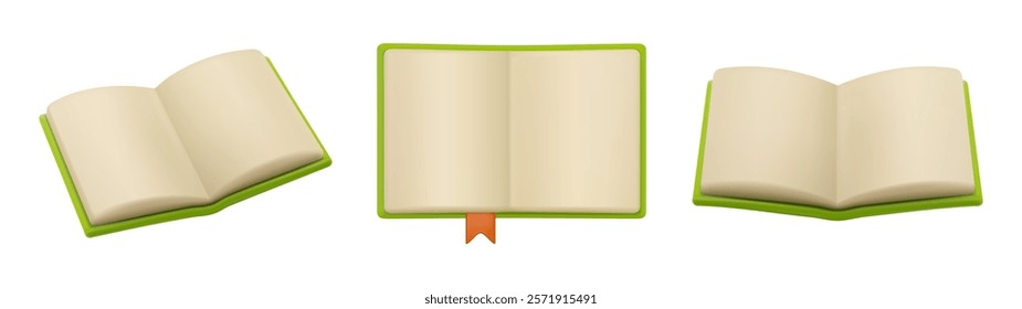 Open book with bookmark, dictionary or encyclopedia, notebook or textbook, students booklet brochure. Vector illustration of green 3D books in realistic design, cartoon dairy in hardcover paperback