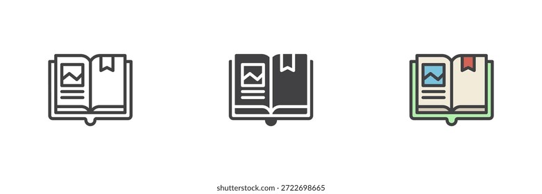 Abra el libro con el marcador de diferentes iconos de estilo establecidos para el progreso del estudio. Línea, sólido y llenado Vector de color de contorno signo y símbolo. Paquete de iconos claro para leer e interfaces de iconos de libros.