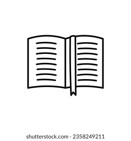 Open book with bookmark doodle. Book icon, symbol. Education logotype. Vector illustration. Black line art on white background.