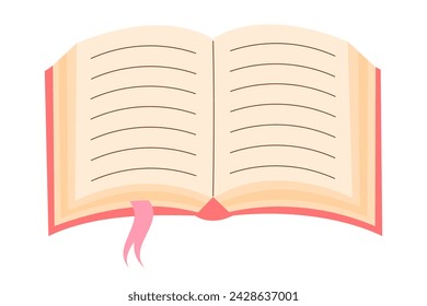 Open book with bookmark and empty lined paper sheets. Vector illustration isolated on white background.