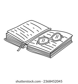 Abrir libro con un marcador y gafas de doodle dibujado a mano ilustración vectorial contorno negro.