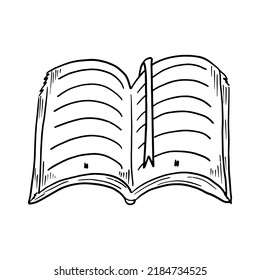 Open book with a bookmark in hand drawn doodle style. Vector sketch drawing book illustration.