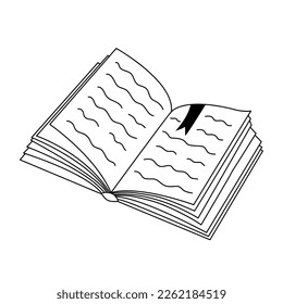 Offenes Buch mit Lesezeichen. Handgezeichnete Illustration im Doodle-Stil.