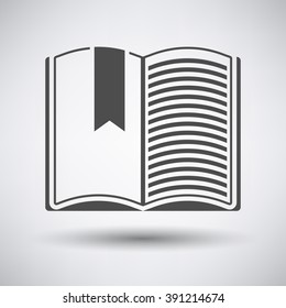 Open book with bookmark icon on gray background with round shadow. Vector illustration.