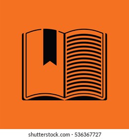 Open book with bookmark icon. Orange background with black. Vector illustration.