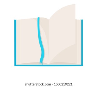 Open book with bookmark isometric illustration. Blank notebook, diary with empty pages vector drawing on white background. Reminder with blue ribbon, student textbook, office notepad