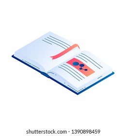 Open book with bookmark isometric vector illustration.