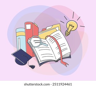 Abrir livro com indicador e lupa. Livros didáticos, pastas, chapéu de formatura, lâmpada como nova ideia. Ilustração vetorial para conhecimento, educação à distância, curso na internet, conceito de escola