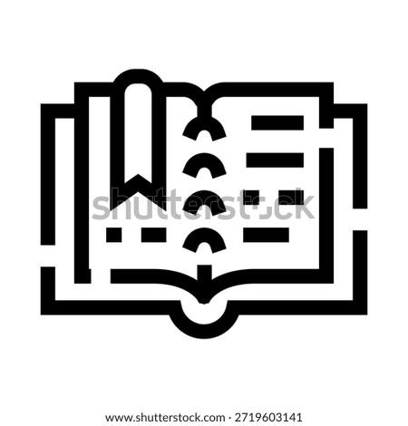 Open book with a bookmark marking a page, symbolizing learning, education, knowledge, study, reading, and academic pursuits in a simple line art style