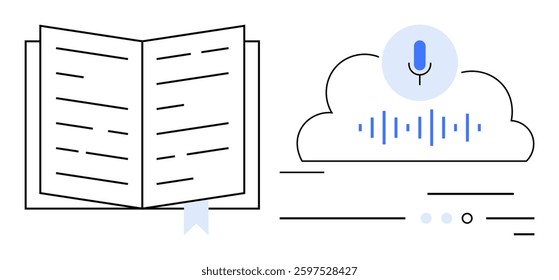 Open book with bookmark next to cloud with microphone and sound waves. Ideal for education, audiobooks, speech recognition, cloud technology, e-learning, digital library, voice interface. Line