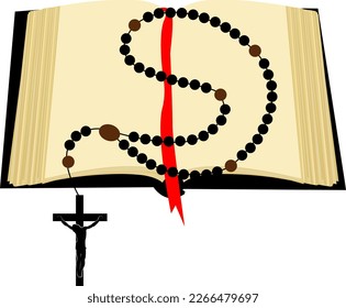 Open book with a bookmark. Pages to read. Rosary prayer. Educational literature. Diary.