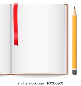 Open book with bookmark and pencil, vector eps10 illustration