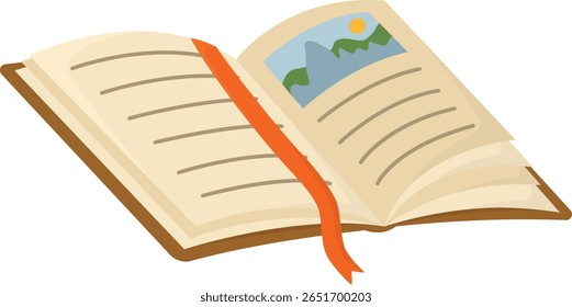 Abra o livro com um marcador e uma imagem da natureza na página. Objeto de literatura bonito em capa marrom isolado no branco