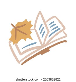 An open book with a bookmark from a school diary sheet, herbarium. Autumn mood. Illustration. Outline vector doodle cute flat sketch.
