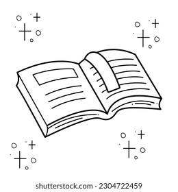 An open book with a bookmark surrounded by stars. Doodle black and white vector illustration.
