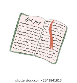 Open book with a bookmark. Symbol of education or hobby and relaxation, hygge lifestyle. Hand drawn flat style vector illustration.