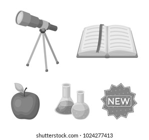 An open book with a bookmark, a telescope, flasks with reagents, a red apple. Schools and education set collection icons in monochrome style vector symbol stock illustration web.