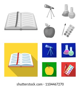 An open book with a bookmark, a telescope, flasks with reagents, a red apple. Schools and education set collection icons in monochrome,flat style vector symbol stock illustration web.