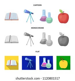 An open book with a bookmark, a telescope, flasks with reagents, a red apple. Schools and education set collection icons in cartoon,flat,monochrome style vector symbol stock illustration web.